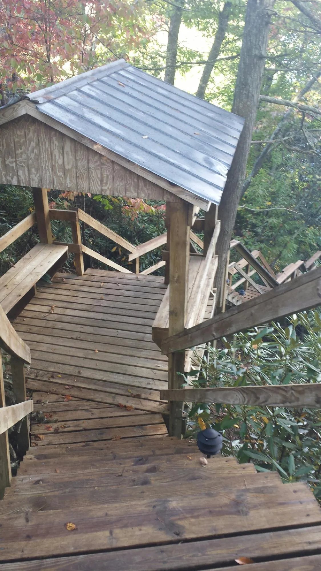 Metal roofed shelter over wooden steps on a wooded walkway — Skylight Repair & Installation work by our crew in Vermilion
